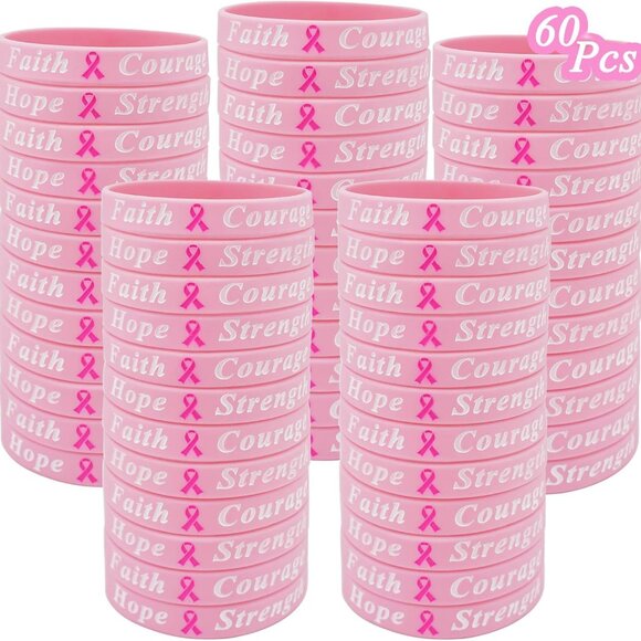 Breast Cancer Awareness Bracelets Silicone Pink Ribbon 60 pcs Support Survivors - Picture 1 of 5